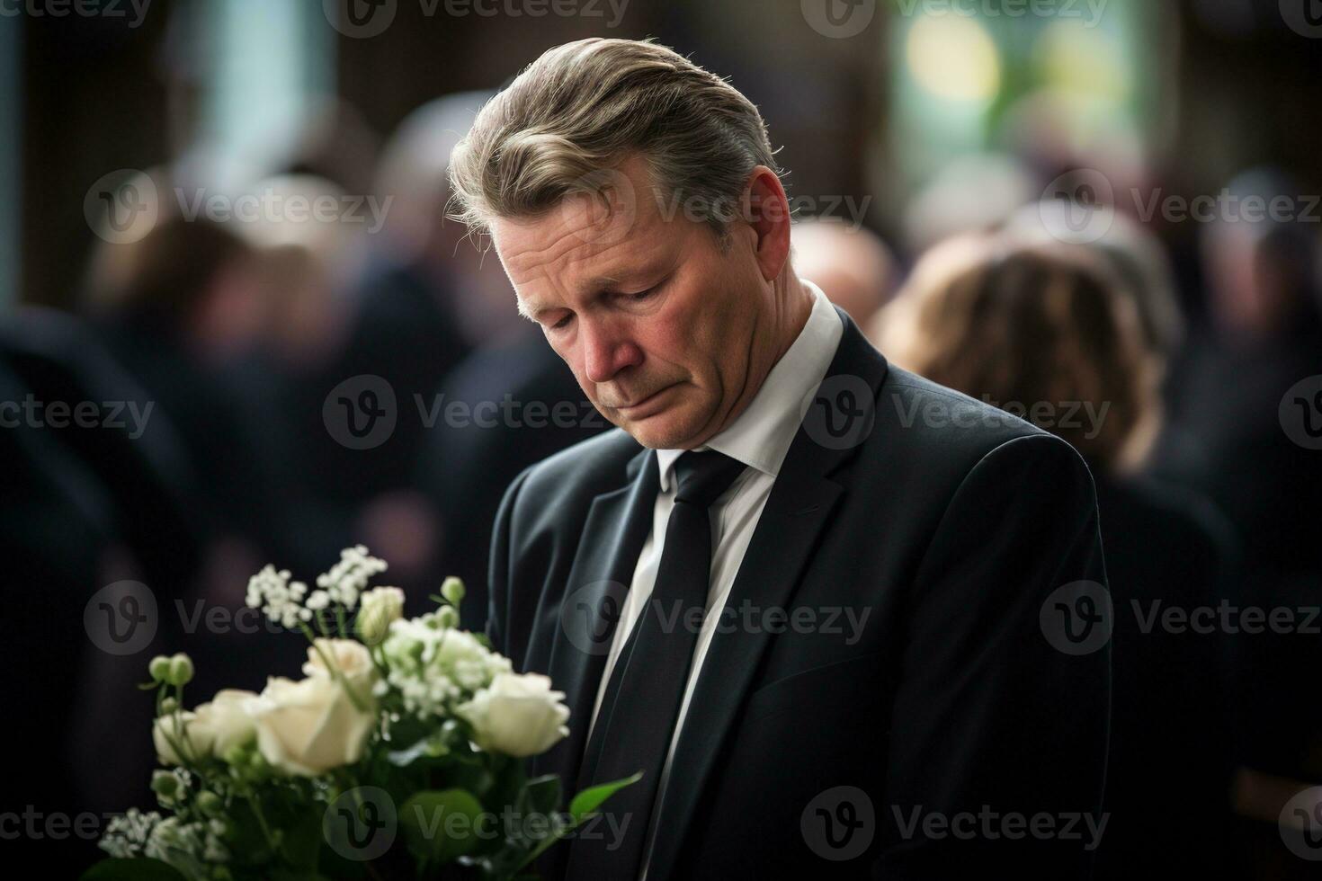 närbild skott av en senior man i främre av en begravning bukett ai genererad foto