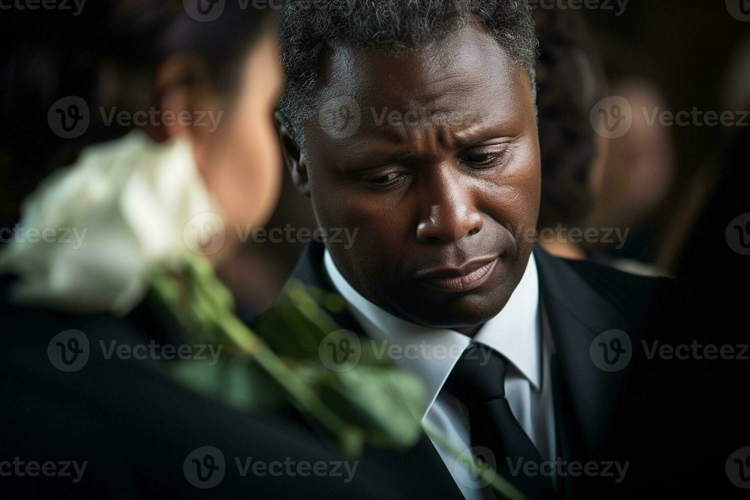 närbild skott av en senior man i främre av en begravning bukett ai genererad foto