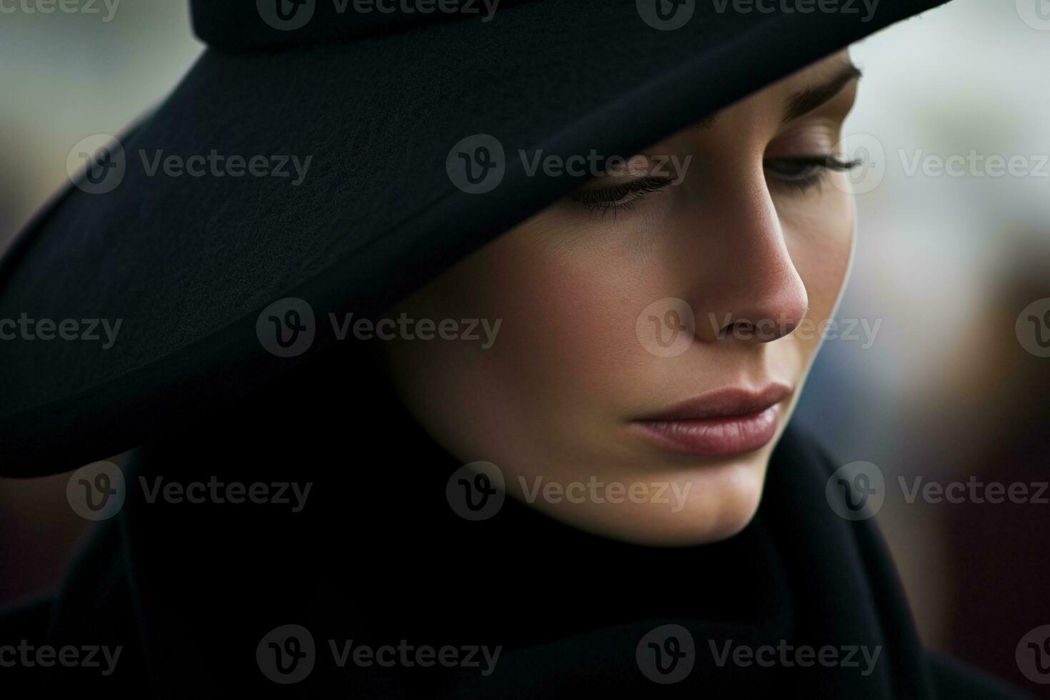 porträtt av en ledsen kvinna med en begravning bukett av blommor ai genererad foto