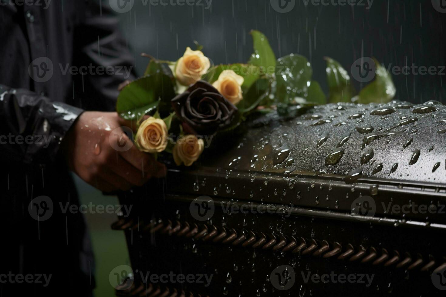närbild av en begravning skrin på en kyrkogård med blommor i de regn, hand på de grav i de regn med mörk bakgrund och reste sig ai genererad foto