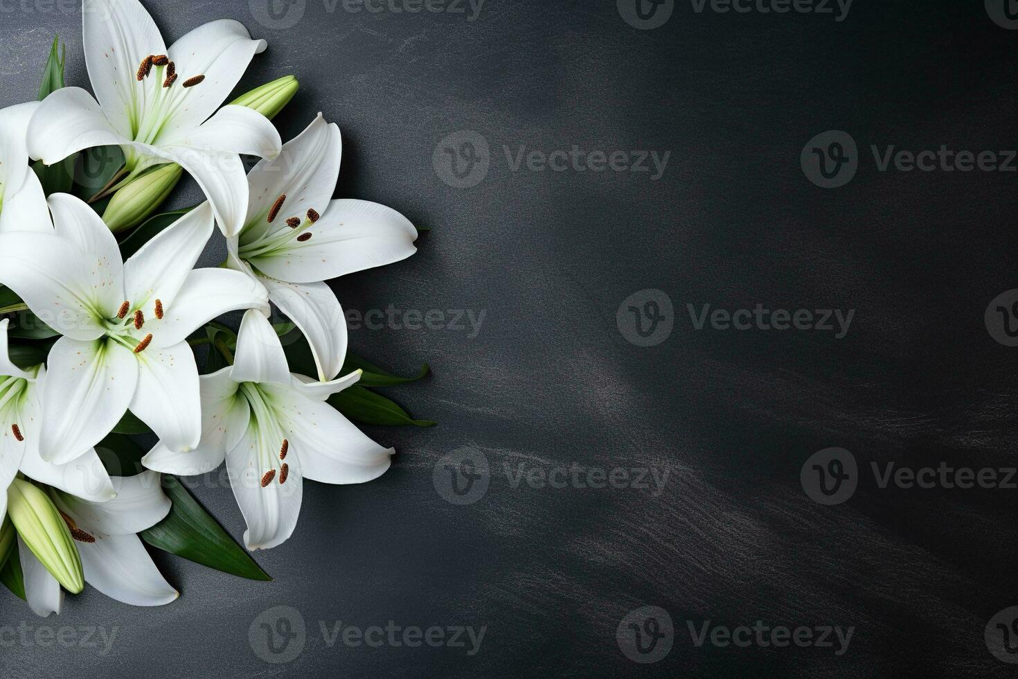 skön vit lilja blommor på svart bakgrund med kopia rymd.begravning begrepp ai genererad foto