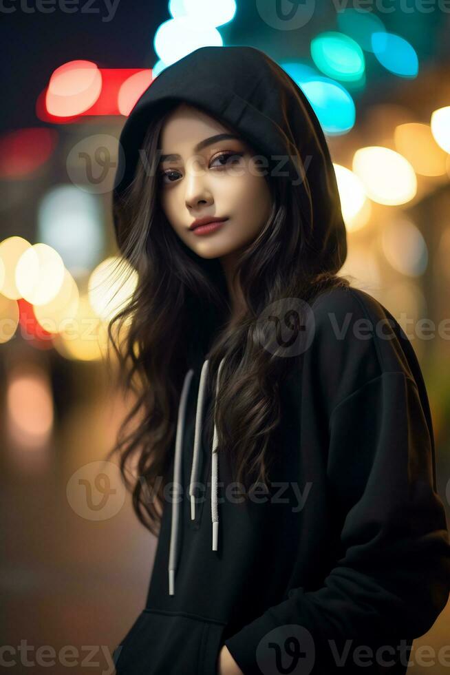 skön asiatisk flicka bär över storlek luvtröja i tillfällig stil ai generativ foto