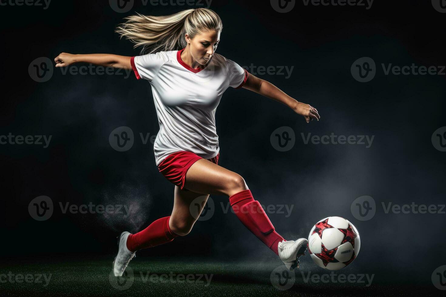 en kvinna fotboll spelare sparkar de ball.ai generativ foto