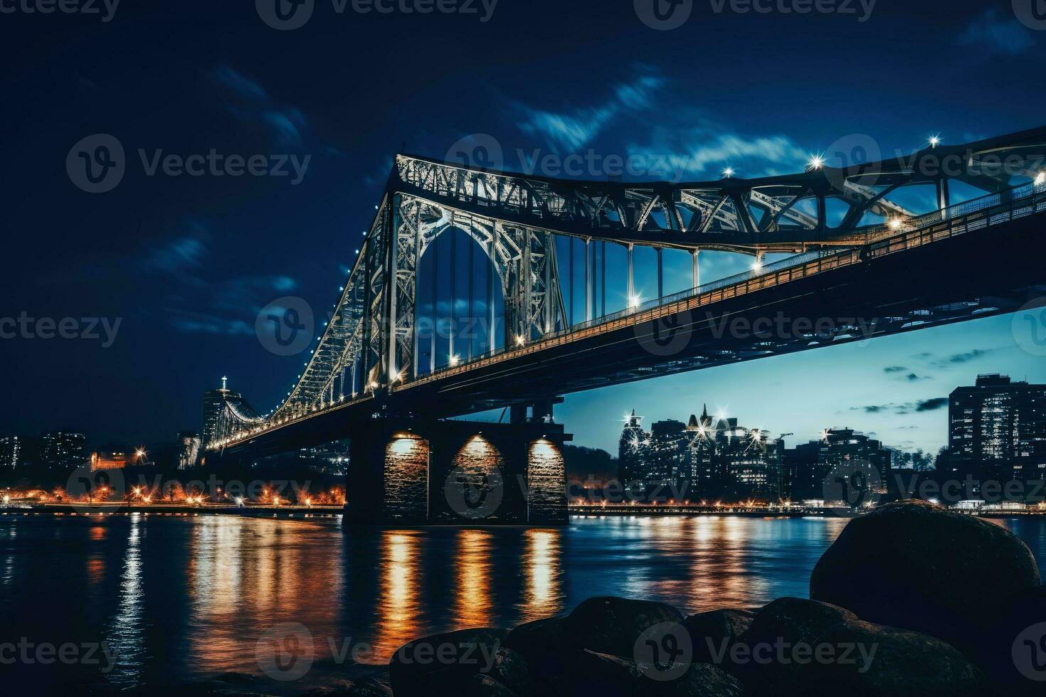 en låg vinkel natt skott av en bro med en horisont i de bakgrund.ai generativ foto