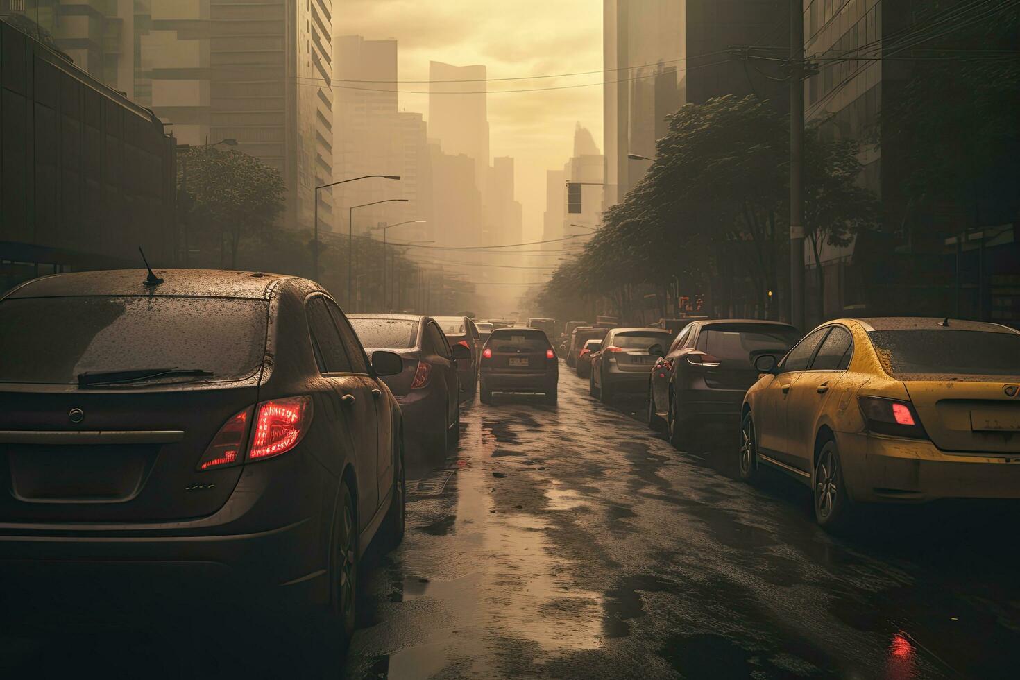 trafik sylt i de stad. regnig väder. bil trafik. bil trafik i de stad luft förorening, ai genererad foto