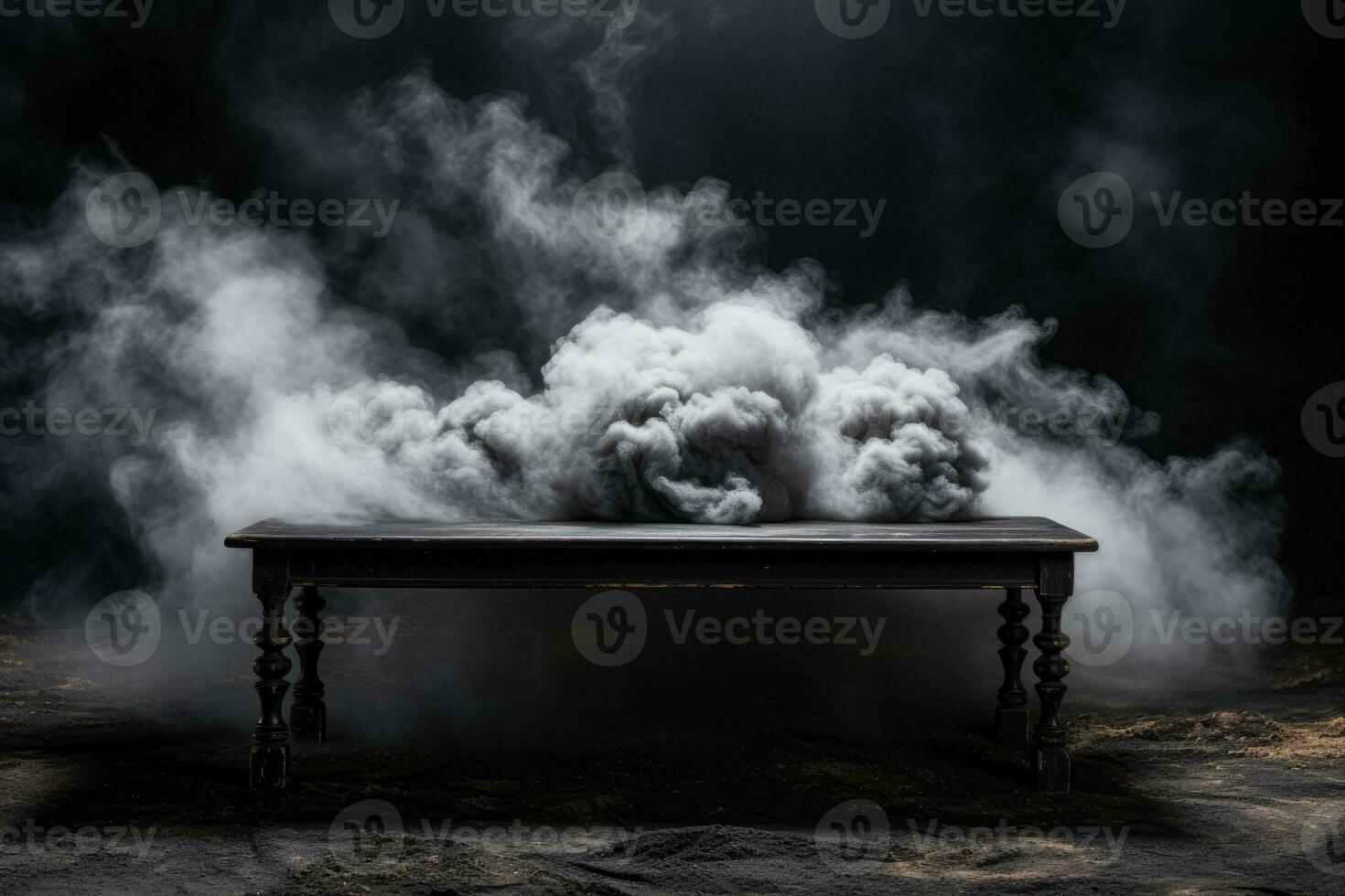 en trä- tabell omgiven förbi svart rök på svart bakgrund foto