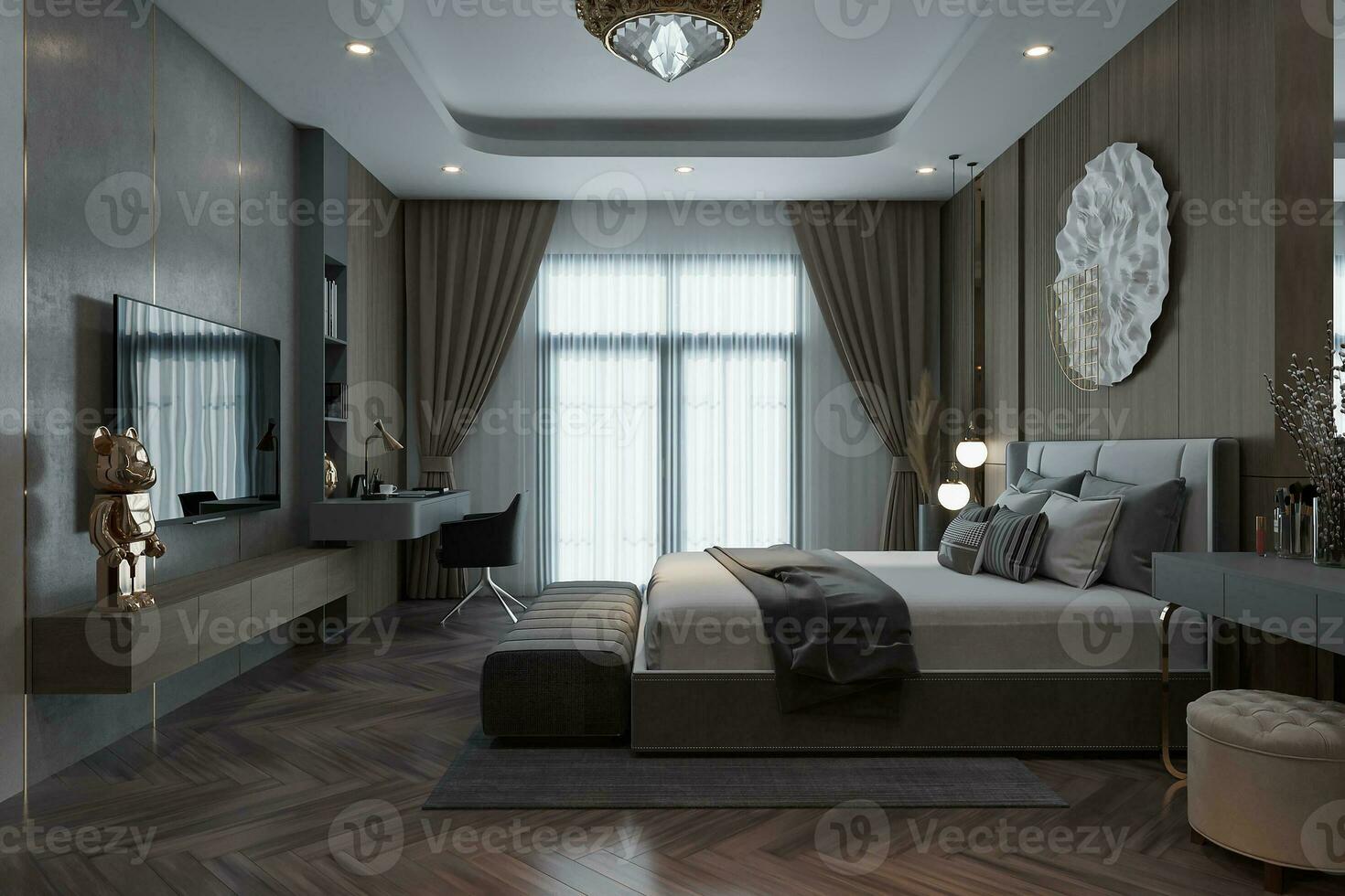 de interiör design av modern stil sovrum längs med lyxig möbel, stor fönster för de modern livsstil 3d tolkning foto