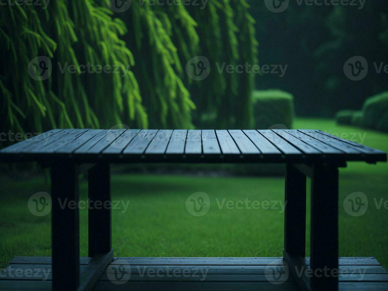 trä- tabell och fläck tropisk grön gräs bakgrund, produkt visa montage. hög kvalitet Foto 8 K fhd ai genererad