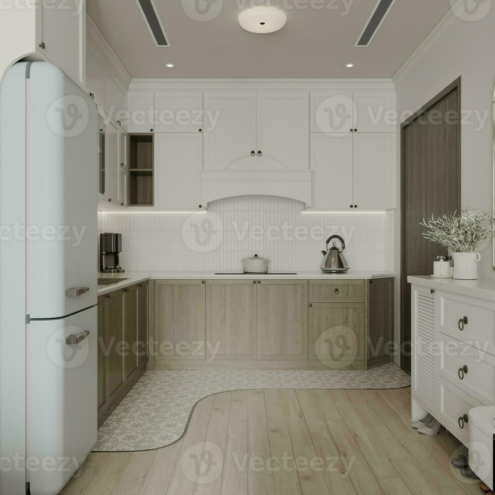 öppen kök för en studio lägenhet och garderob placering och interiör design Översikt 3d tolkning foto