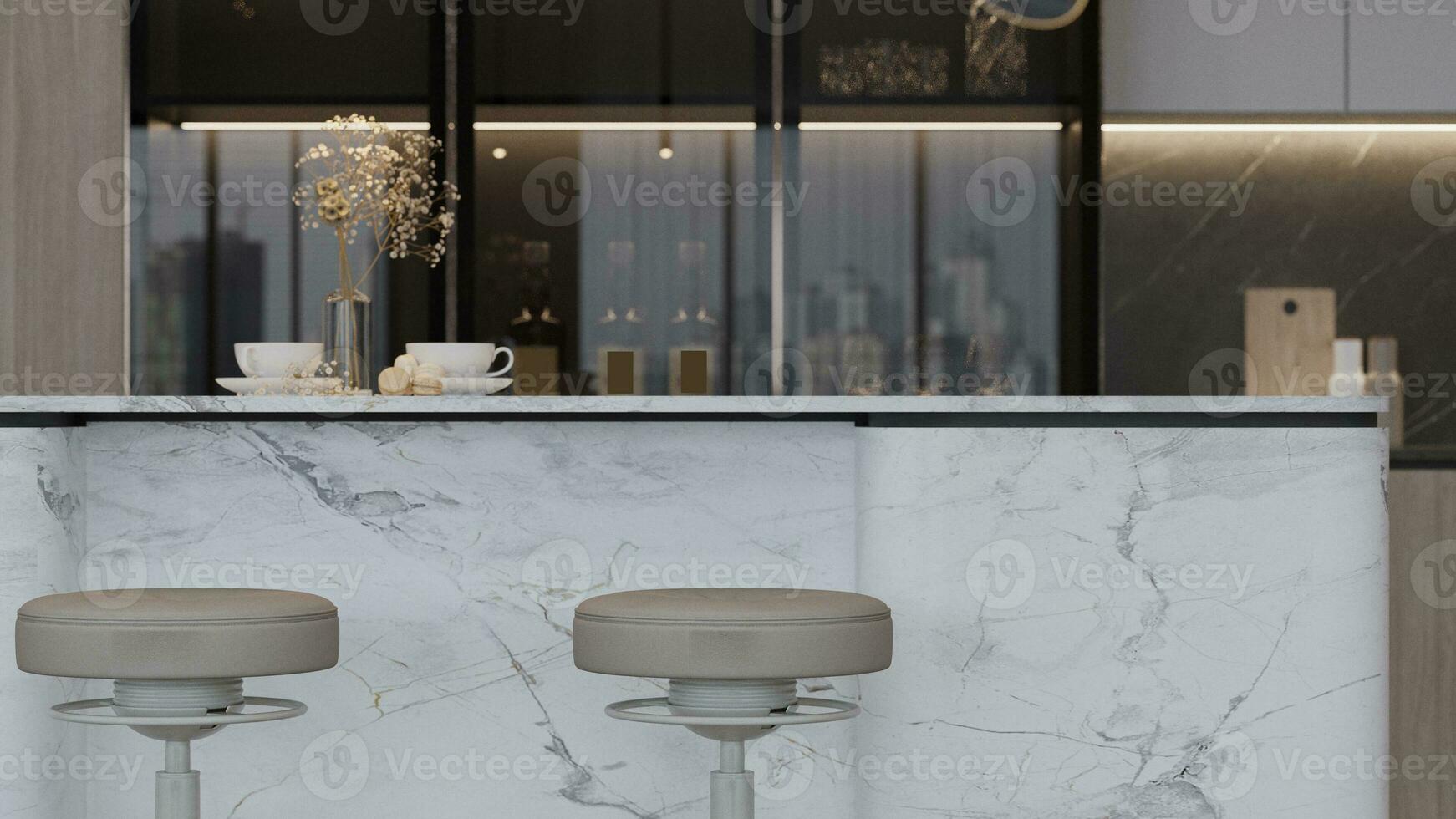 kök tabell arrangemang med Allt monter design fylla upp med föremål, stol, titlar marmor konstnärlig 3d tolkning foto