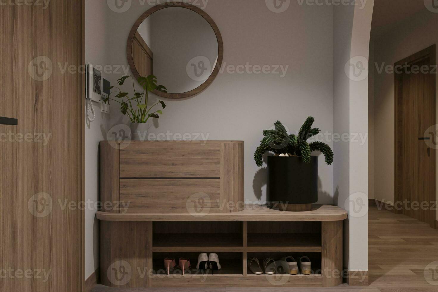 trä- sko skåp med sko och vägg spegel, växter i en foyer Plats, 3d tolkning foto