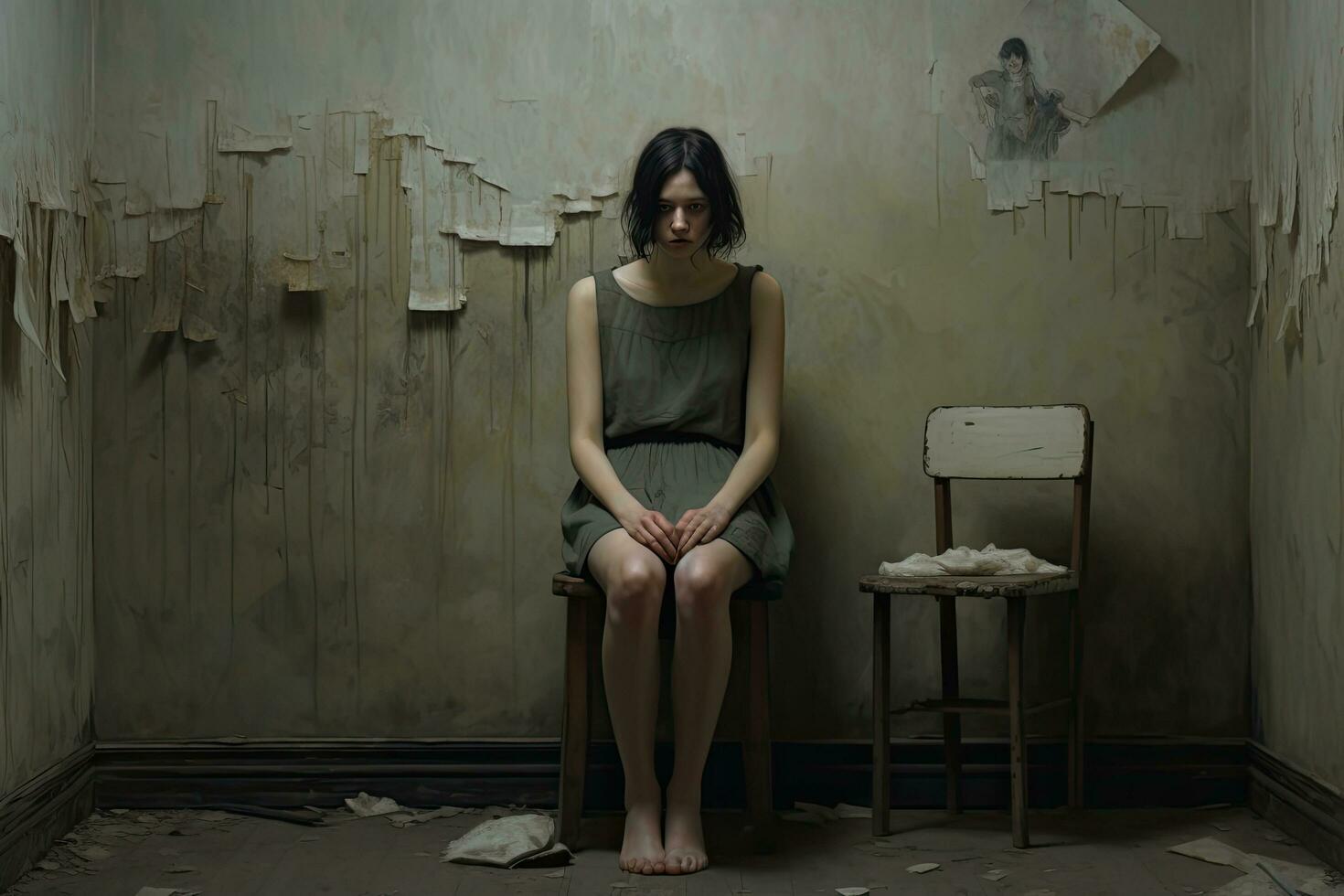 en kvinna i en mörk rum med en målad vägg och en stol, fångar de djupgående ödslighet av en kvinna Sammanträde i en hörn av ett osmyckad rum, ai genererad foto
