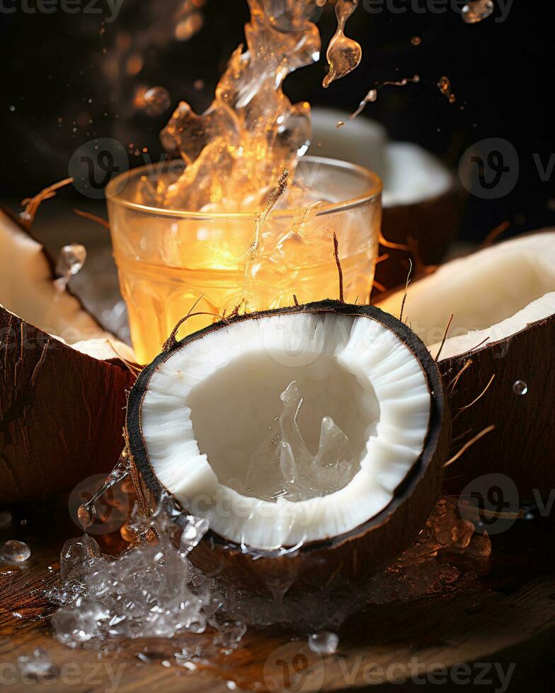 ai generativ kokos skära i halv, färsk kokos vatten droppar foto