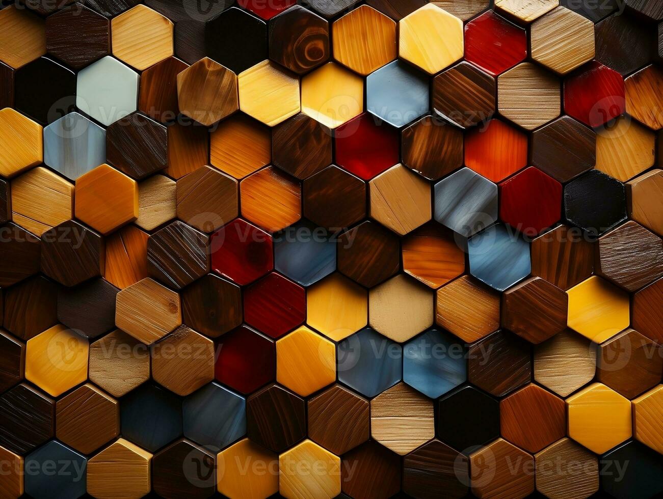 abstrakt trä- sömlös hexagonal mosaik- plattor bakgrund med hexagoner kuber i trä- textur generativ ai foto