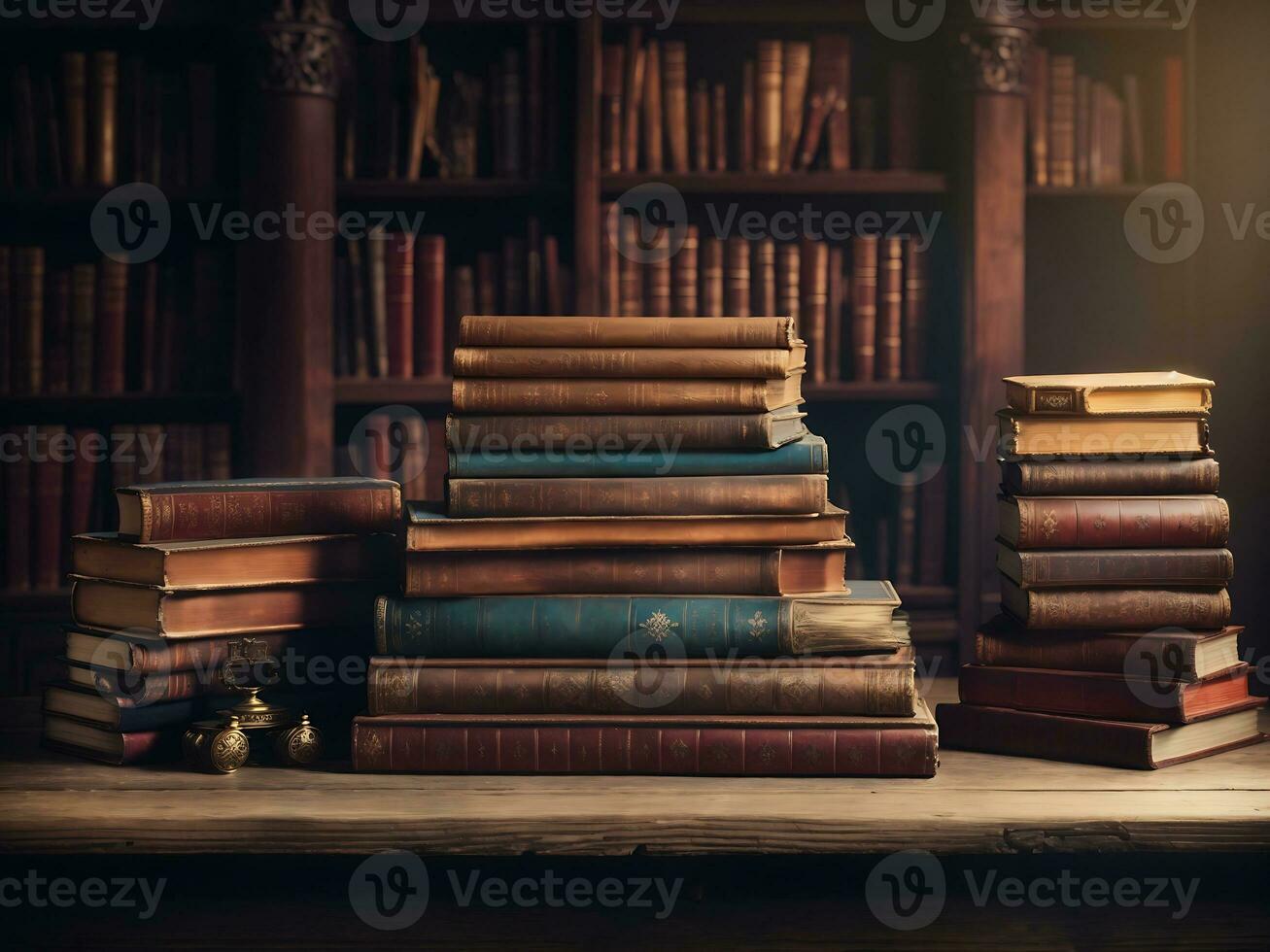 bred baner av gammal årgång bibliotek stack av antik böcker på gammal trä- tabell i fantasi medeltida period med kopia Plats, generera ai foto