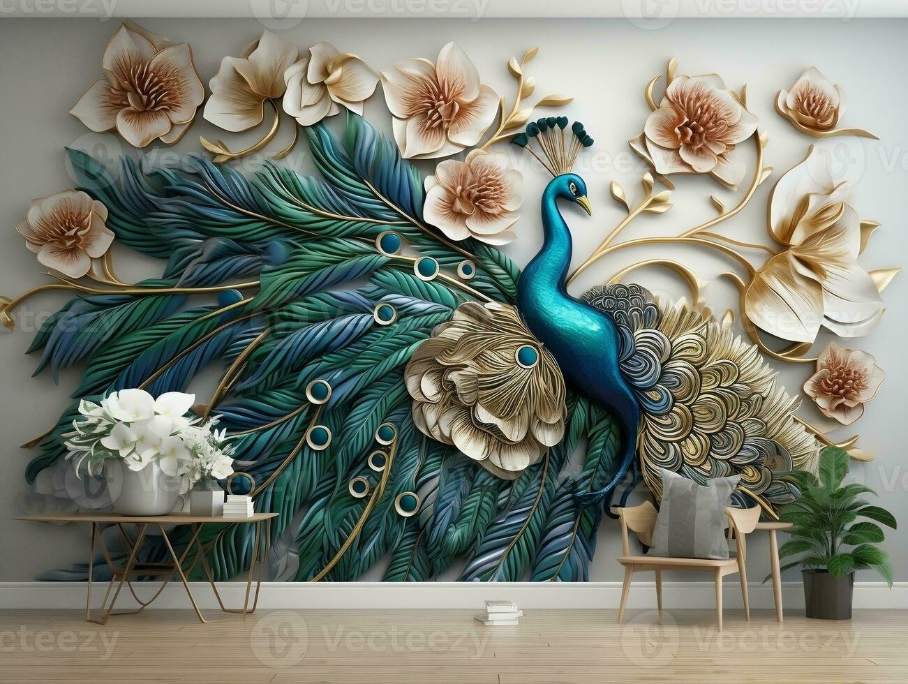 3d modern interiör vägg konst dekor med vit, mörk grön, och gyllene tropisk handflatan blad grenar och blommor med fjädrar påfågel fågel illustration bakgrund generativ ai foto