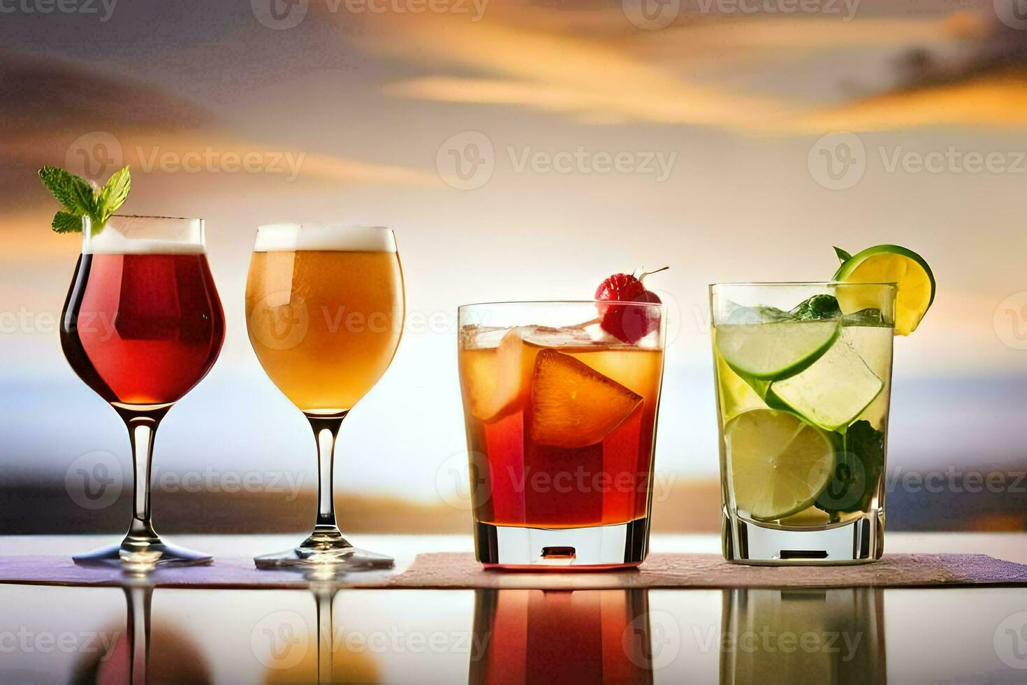 tre annorlunda typer av alkoholhaltig drycker är visad. ai-genererad foto