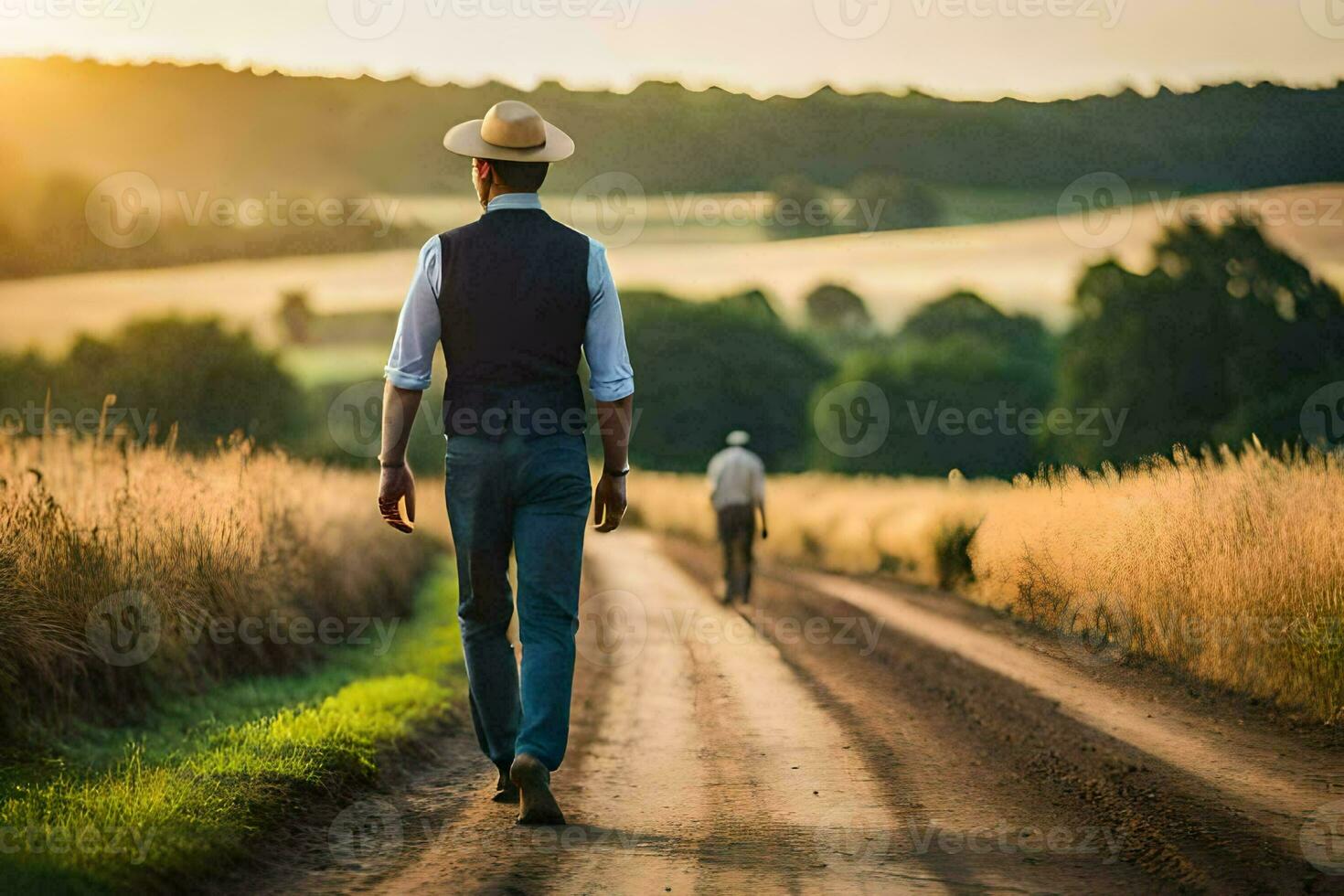 en man i en hatt promenader ner en smuts väg. ai-genererad foto