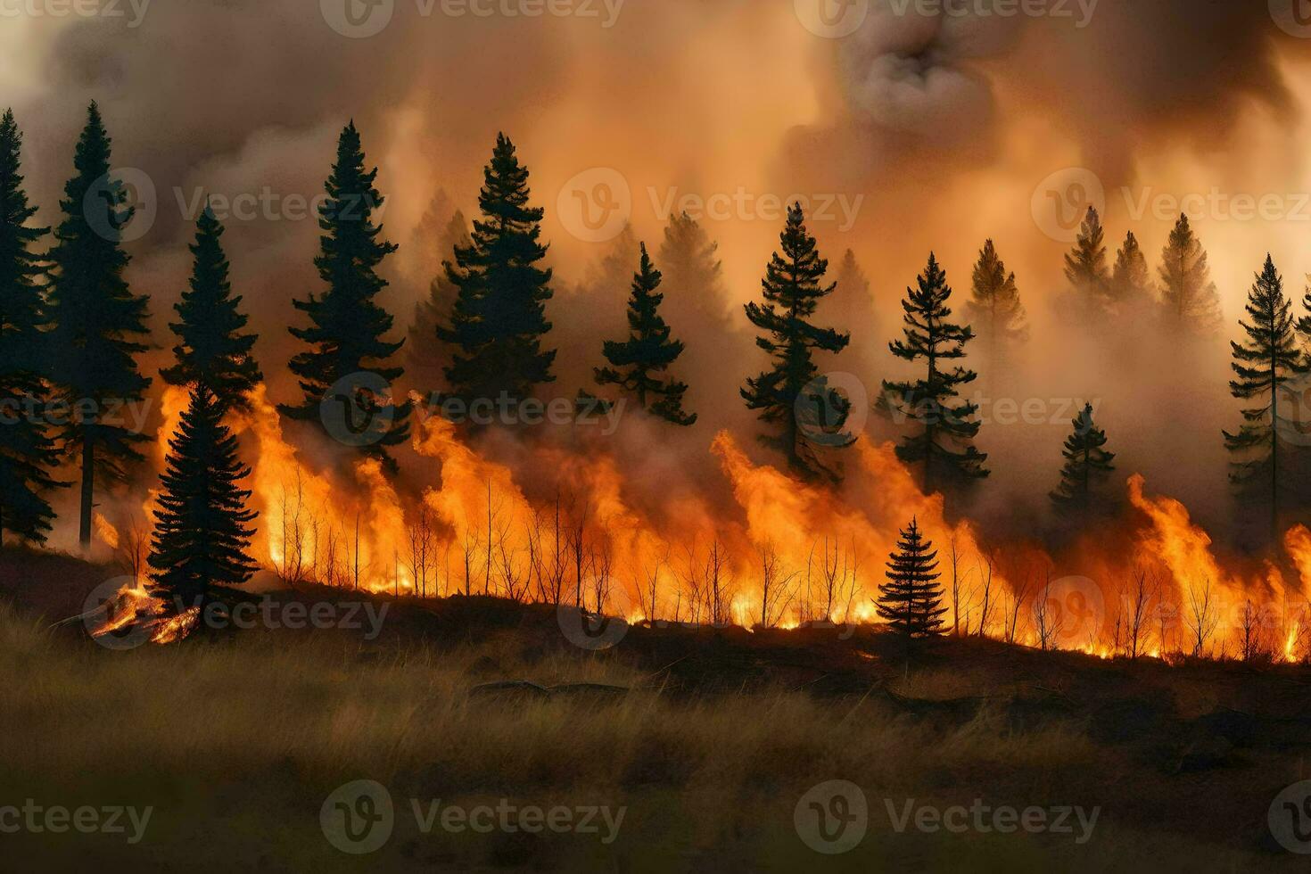 en skog brand brännskador i de bakgrund. ai-genererad foto