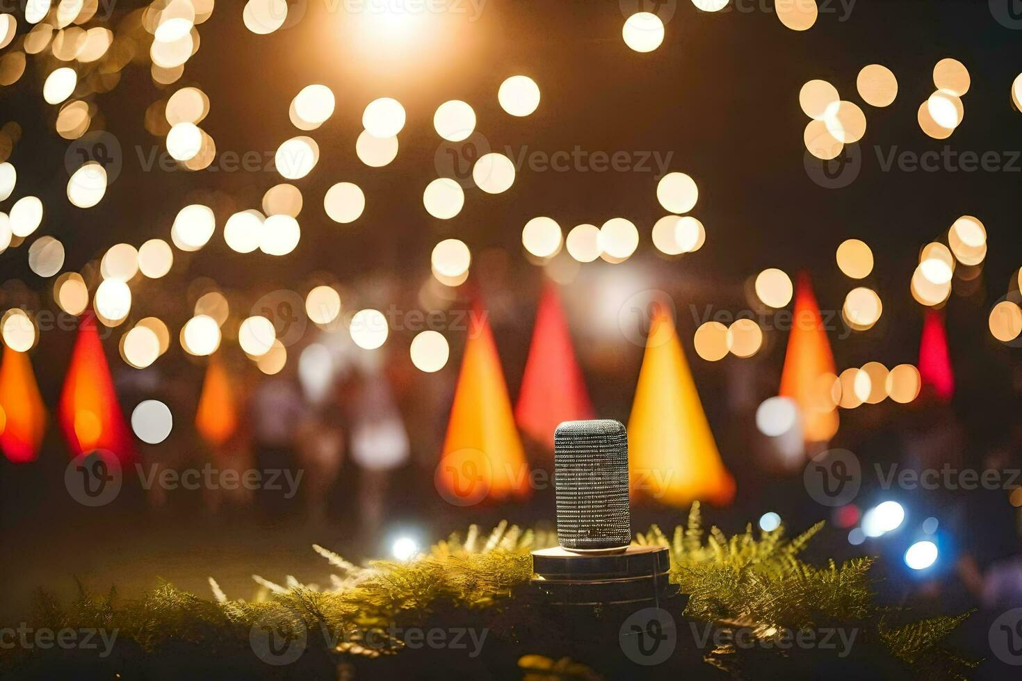 en mikrofon är Sammanträde på en jul träd i främre av en folkmassan. ai-genererad foto