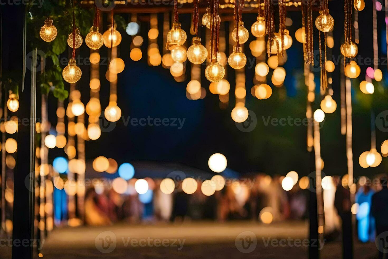 en bröllop ceremoni med lampor hängande från de tak. ai-genererad foto