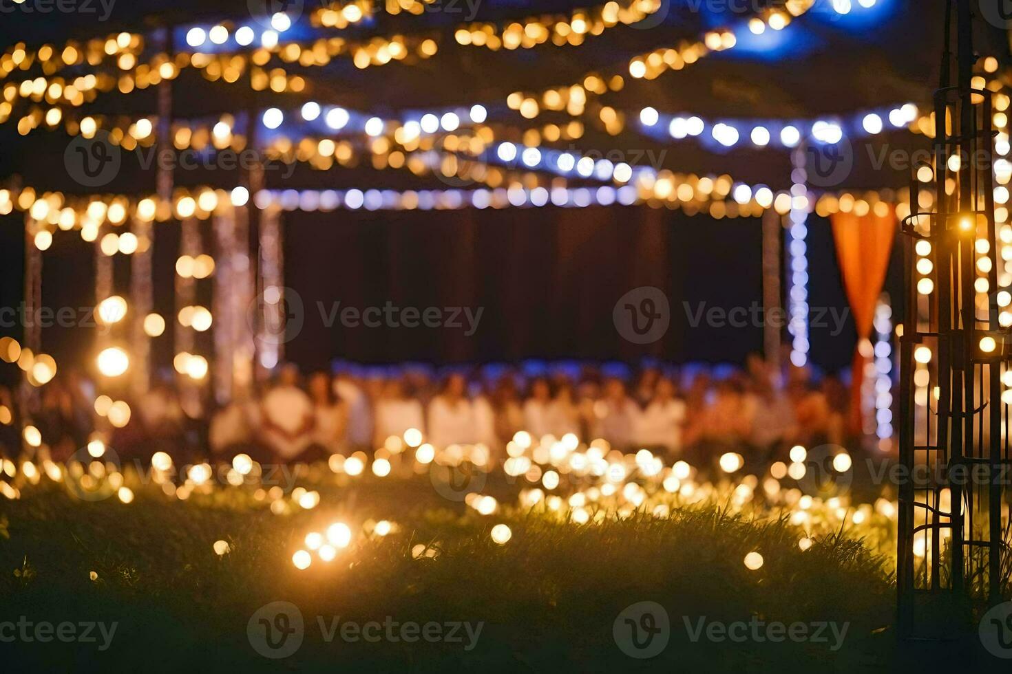 en bröllop ceremoni med lampor och ljus. ai-genererad foto
