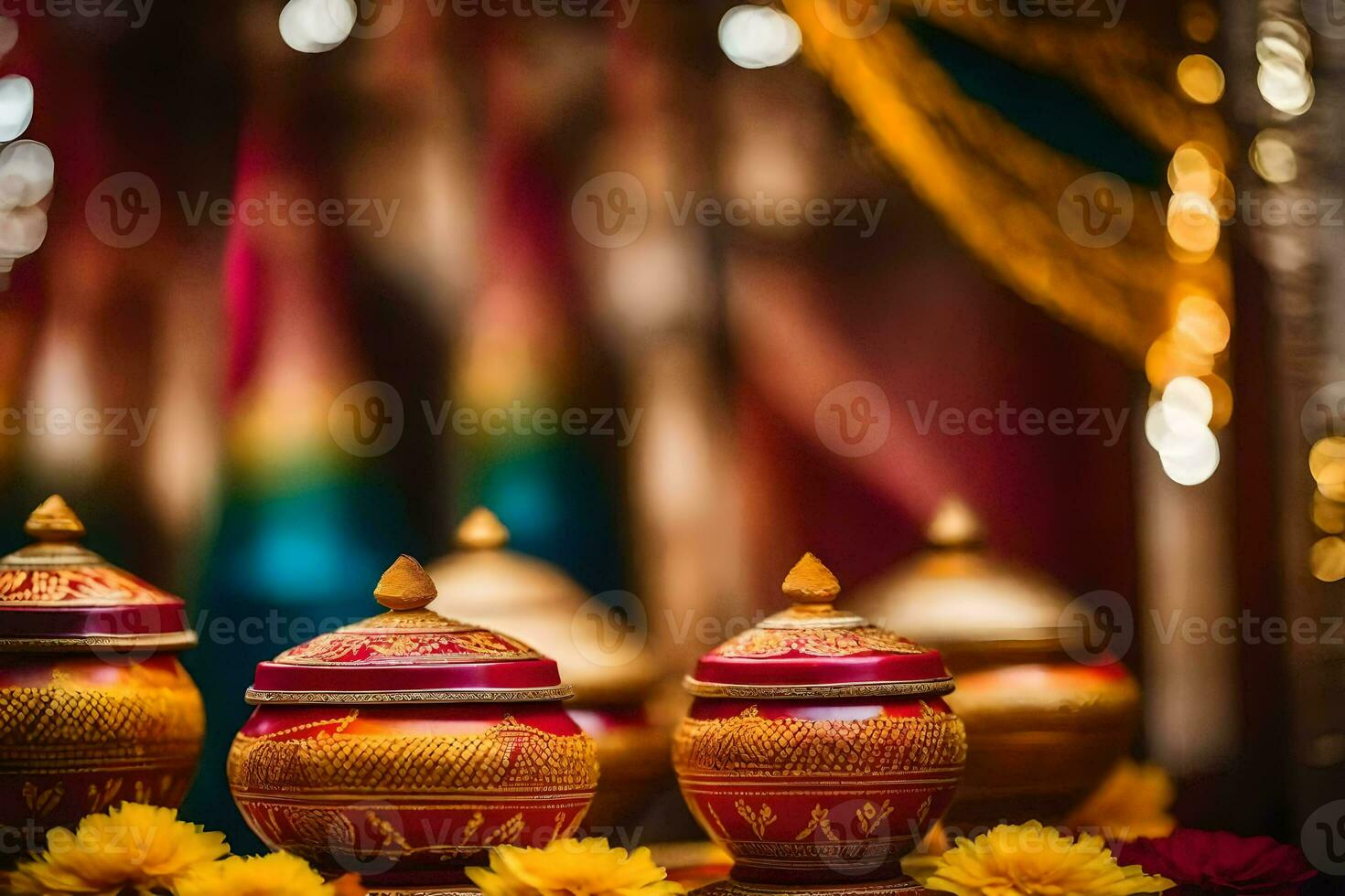 indisk bröllop dekor med färgrik kastruller och blommor. ai-genererad foto