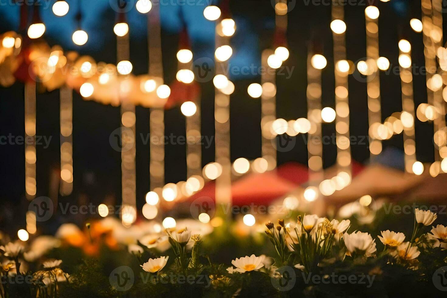 en fält av blommor med lampor i de bakgrund. ai-genererad foto