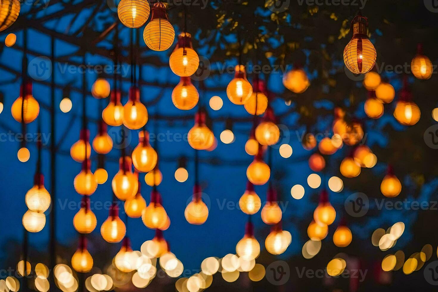 många ljus lökar hängande från en träd. ai-genererad foto