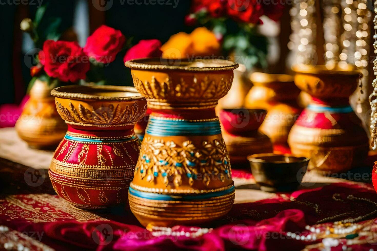 indisk bröllop dekor med guld och röd blommor. ai-genererad foto