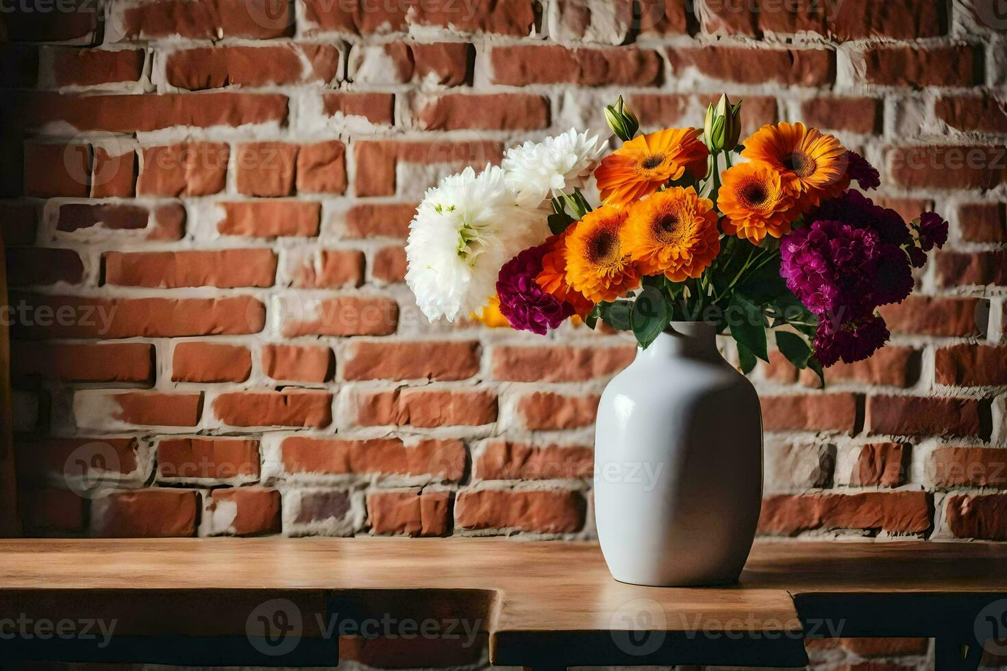 en vas av blommor på en tabell i främre av en tegel vägg. ai-genererad foto