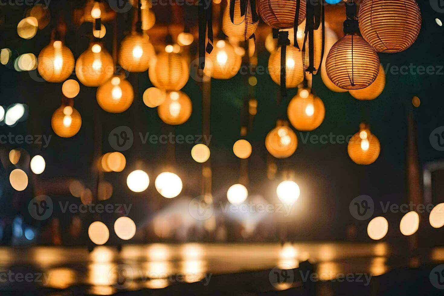 många lampor hängande från de tak i en mörk rum. ai-genererad foto