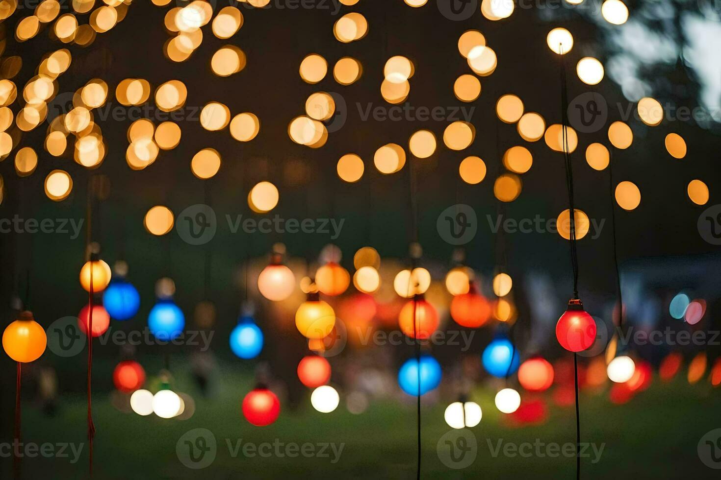 många färgrik lampor är hängande från en träd. ai-genererad foto