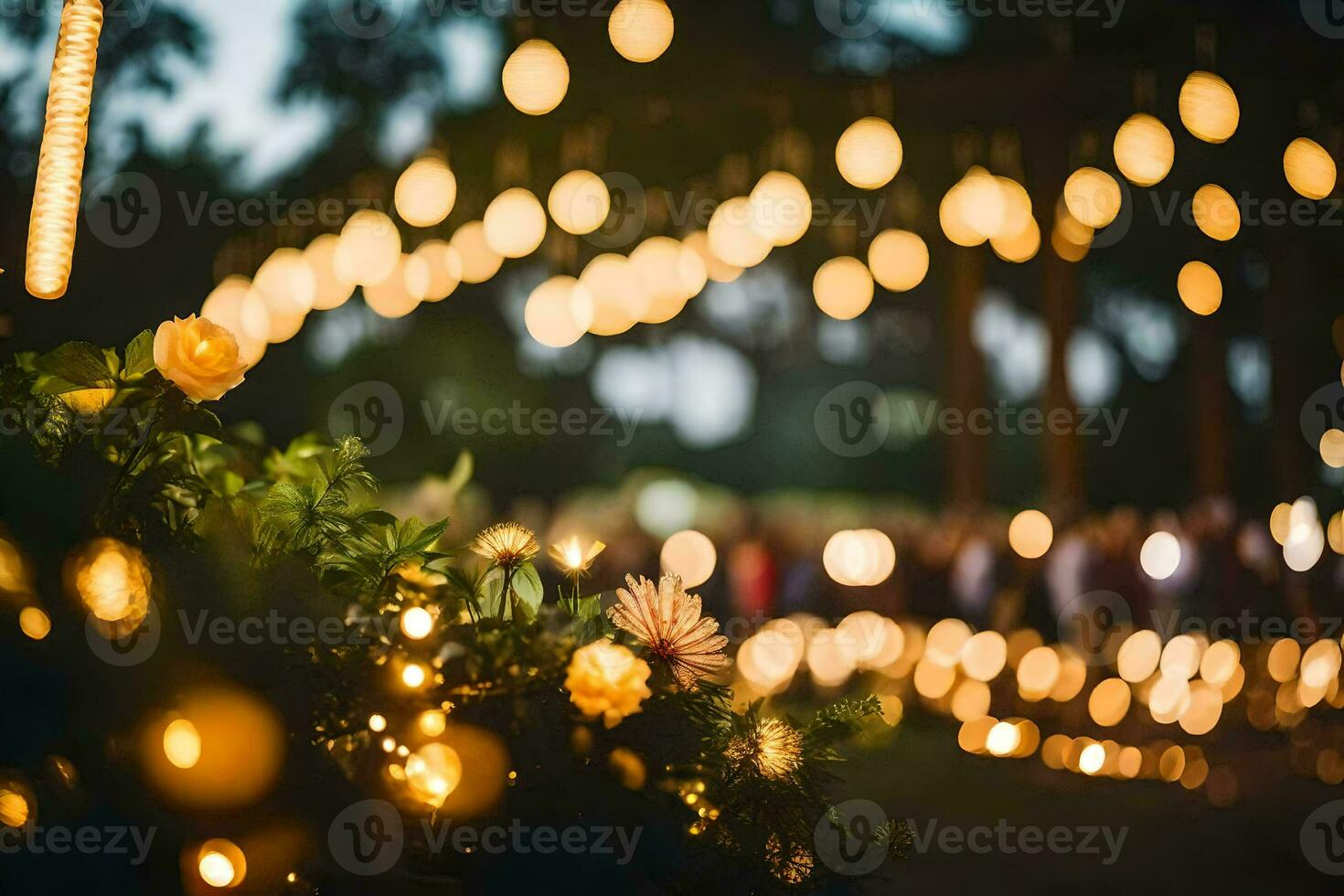 en bröllop ceremoni med lampor och blommor. ai-genererad foto