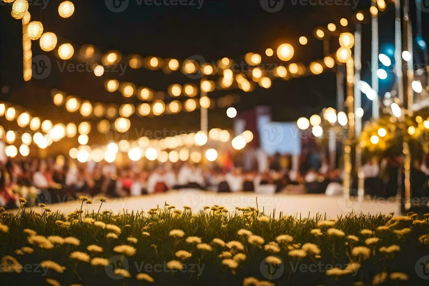 en bröllop ceremoni med lampor och blommor. ai-genererad foto