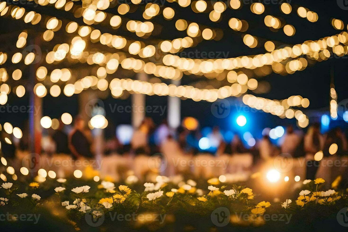 en bröllop reception med lampor och blommor. ai-genererad foto
