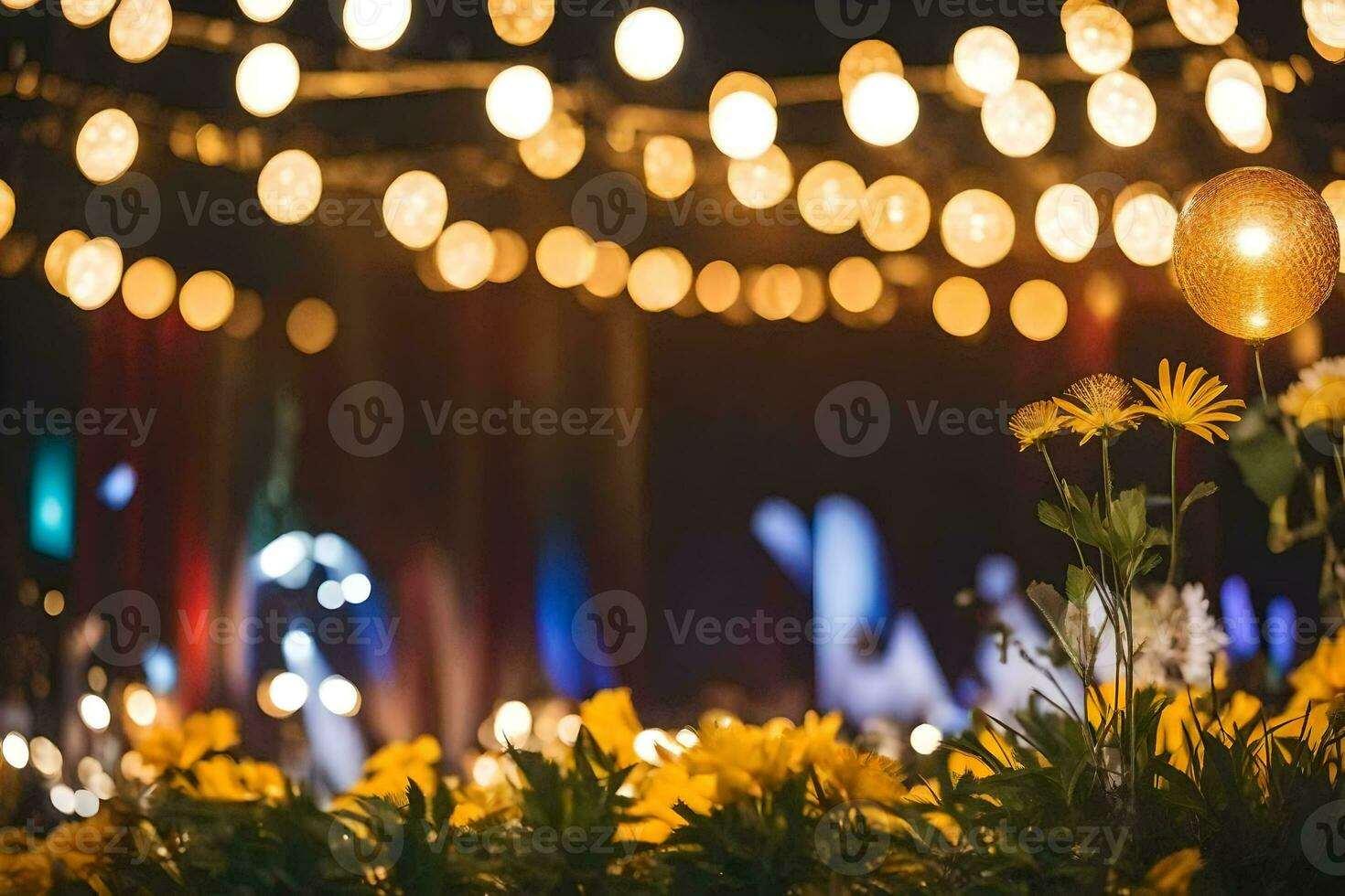 gul blommor och lampor i de bakgrund. ai-genererad foto