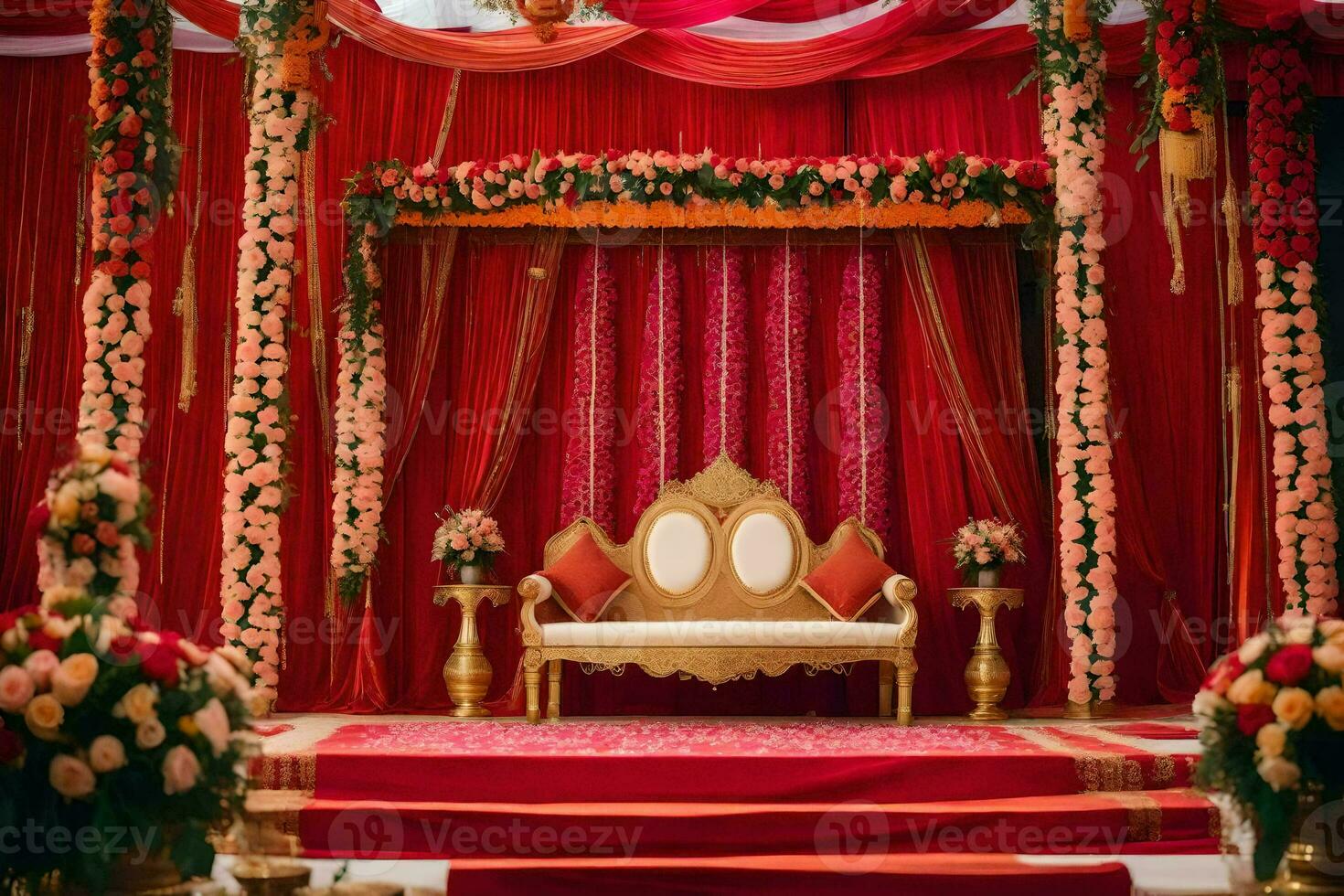 ett indisk bröllop skede dekorerad med röd och guld. ai-genererad foto