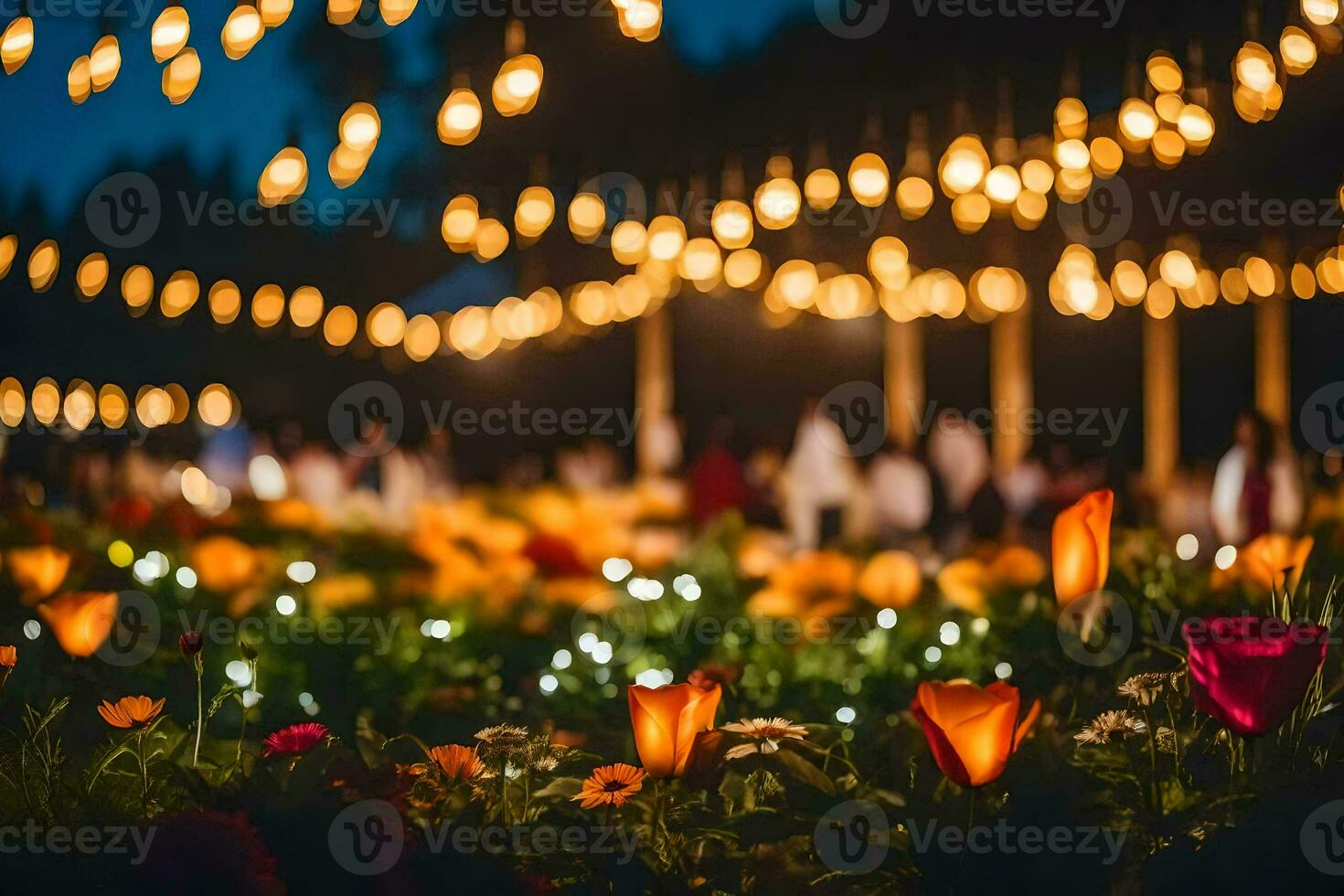 en trädgård med lampor och blommor. ai-genererad foto