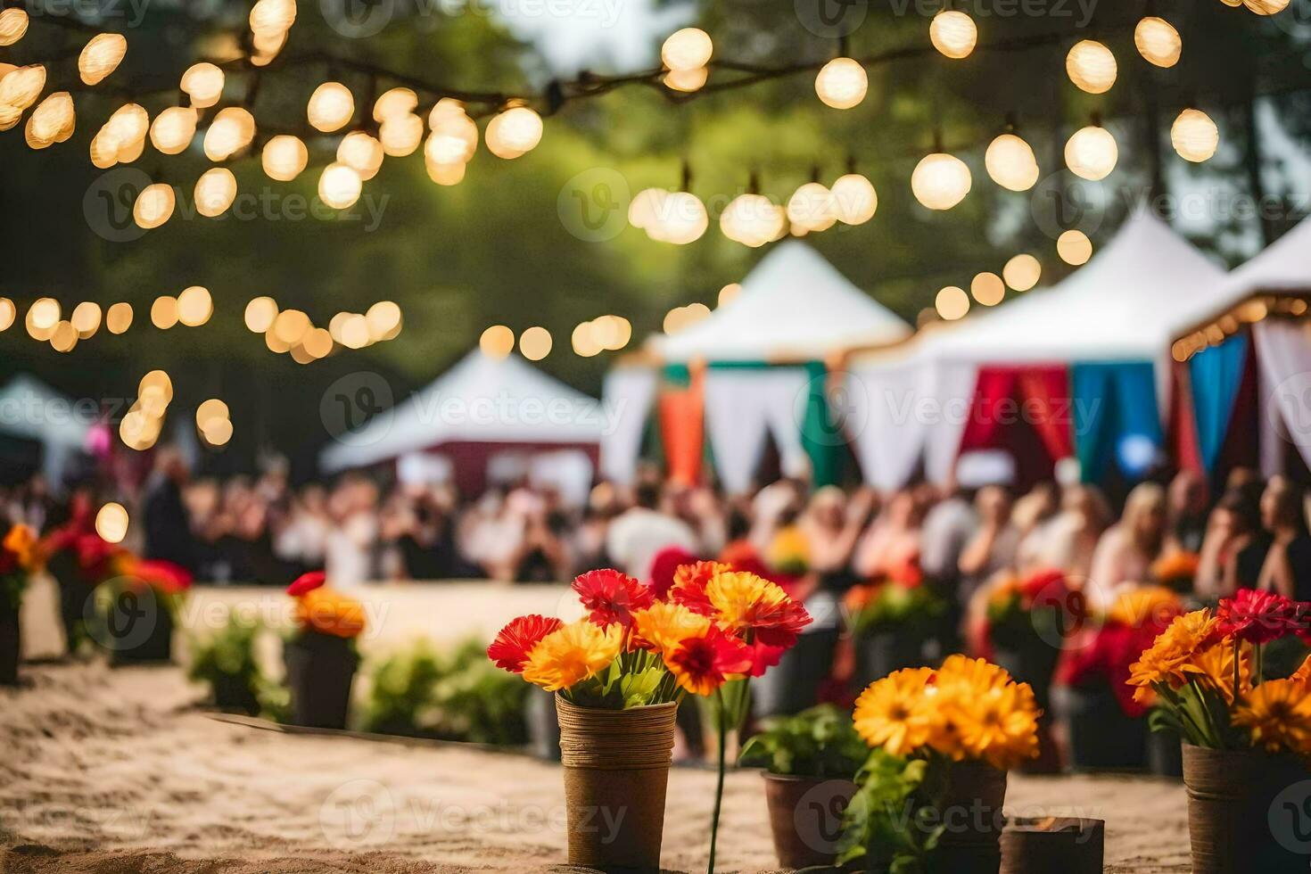 en bröllop reception med färgrik blommor och tält. ai-genererad foto