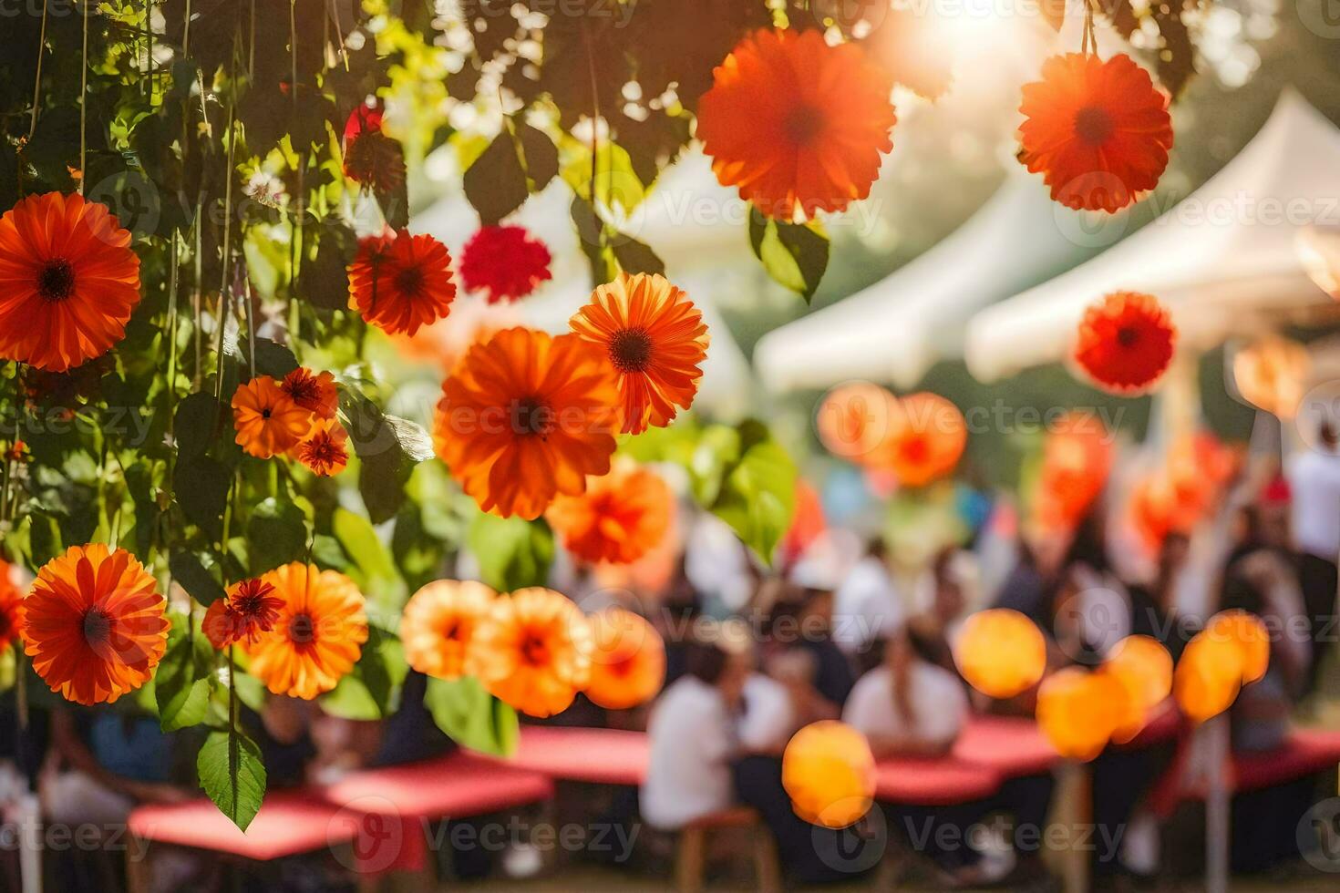 orange blommor hängande från en träd i en trädgård. ai-genererad foto