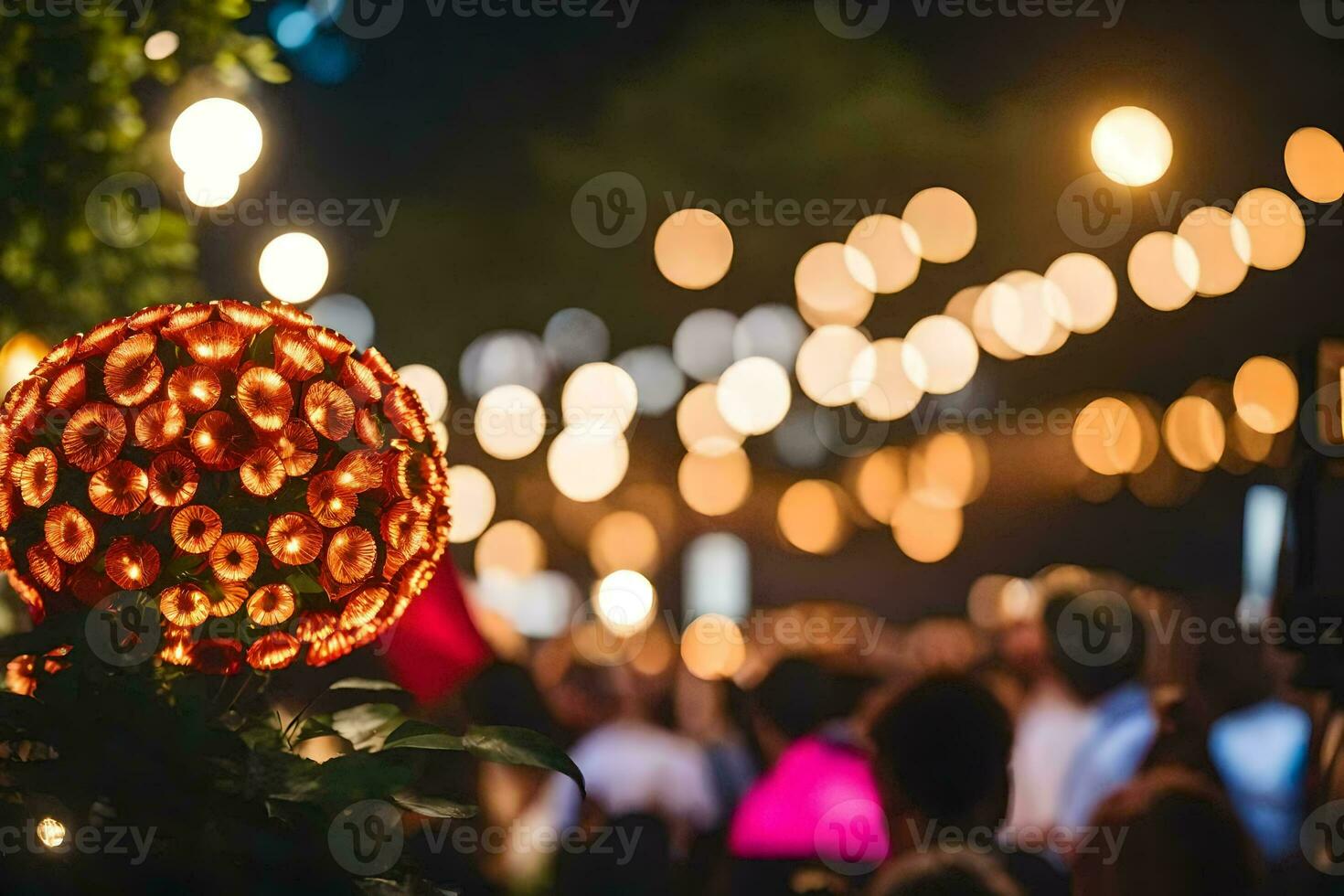 en stor boll av lampor i de mitten av en folkmassan. ai-genererad foto