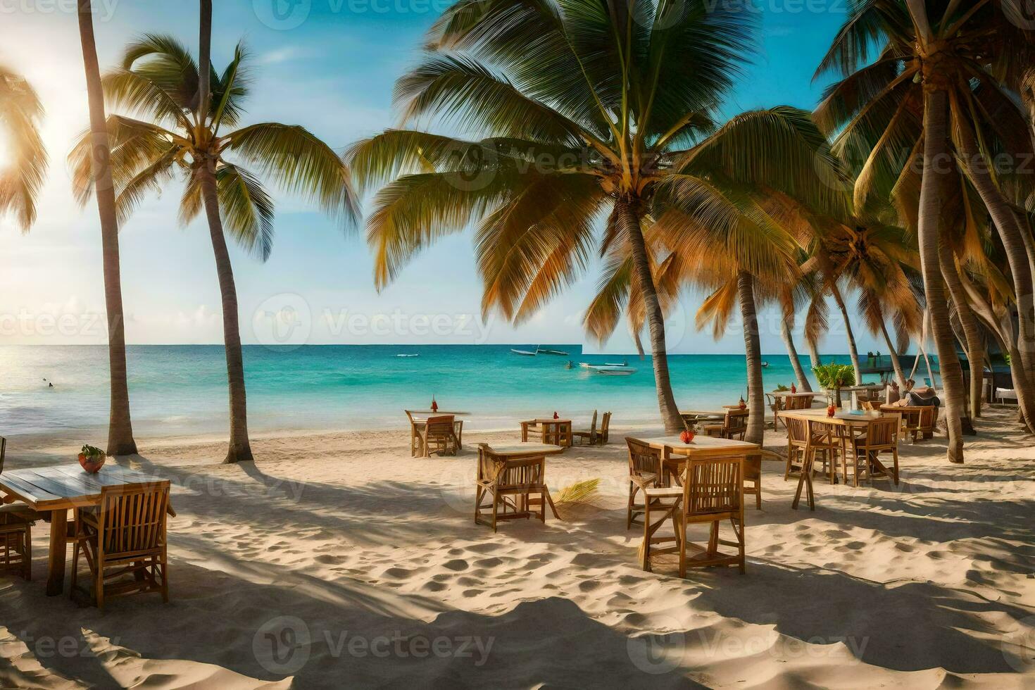 en strand med tabeller och stolar på de sand. ai-genererad foto