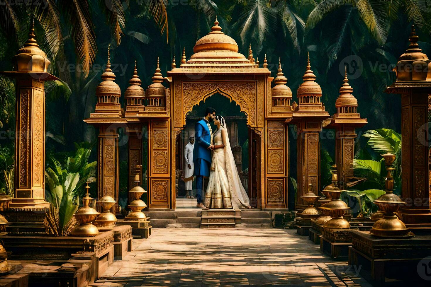 de par är stående i främre av en tempel i de mitten av en frodig trädgård. ai-genererad foto