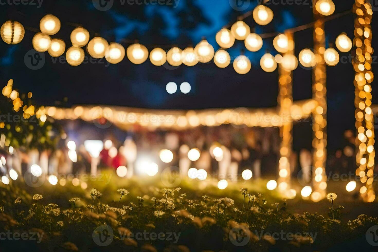 en bröllop ceremoni med lampor och blommor. ai-genererad foto