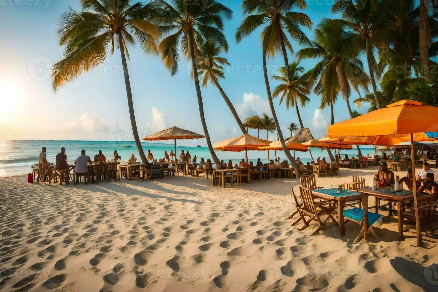 en strand med tabeller och paraplyer på de sand. ai-genererad foto