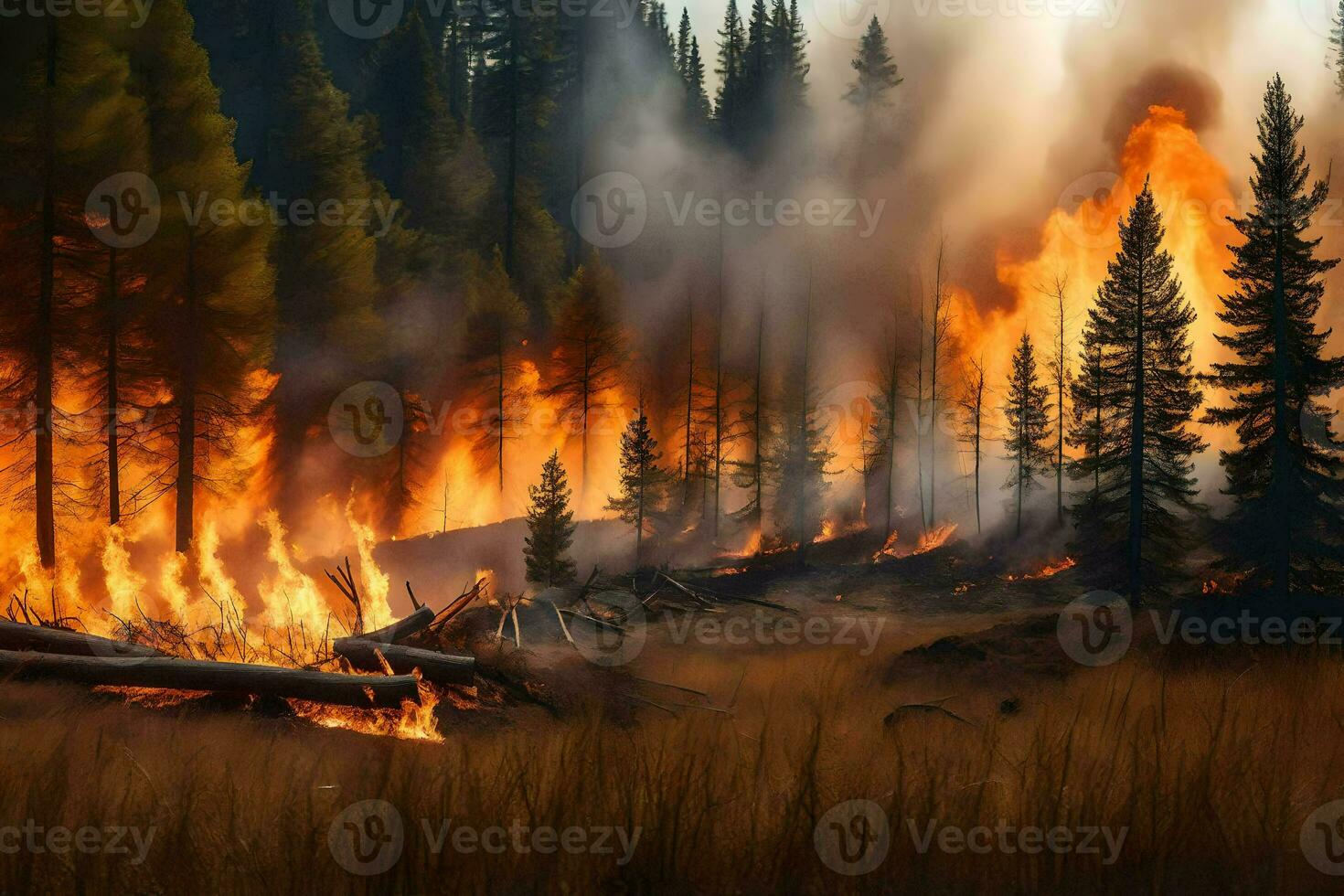 en skog brand är brinnande i de mitten av en fält. ai-genererad foto