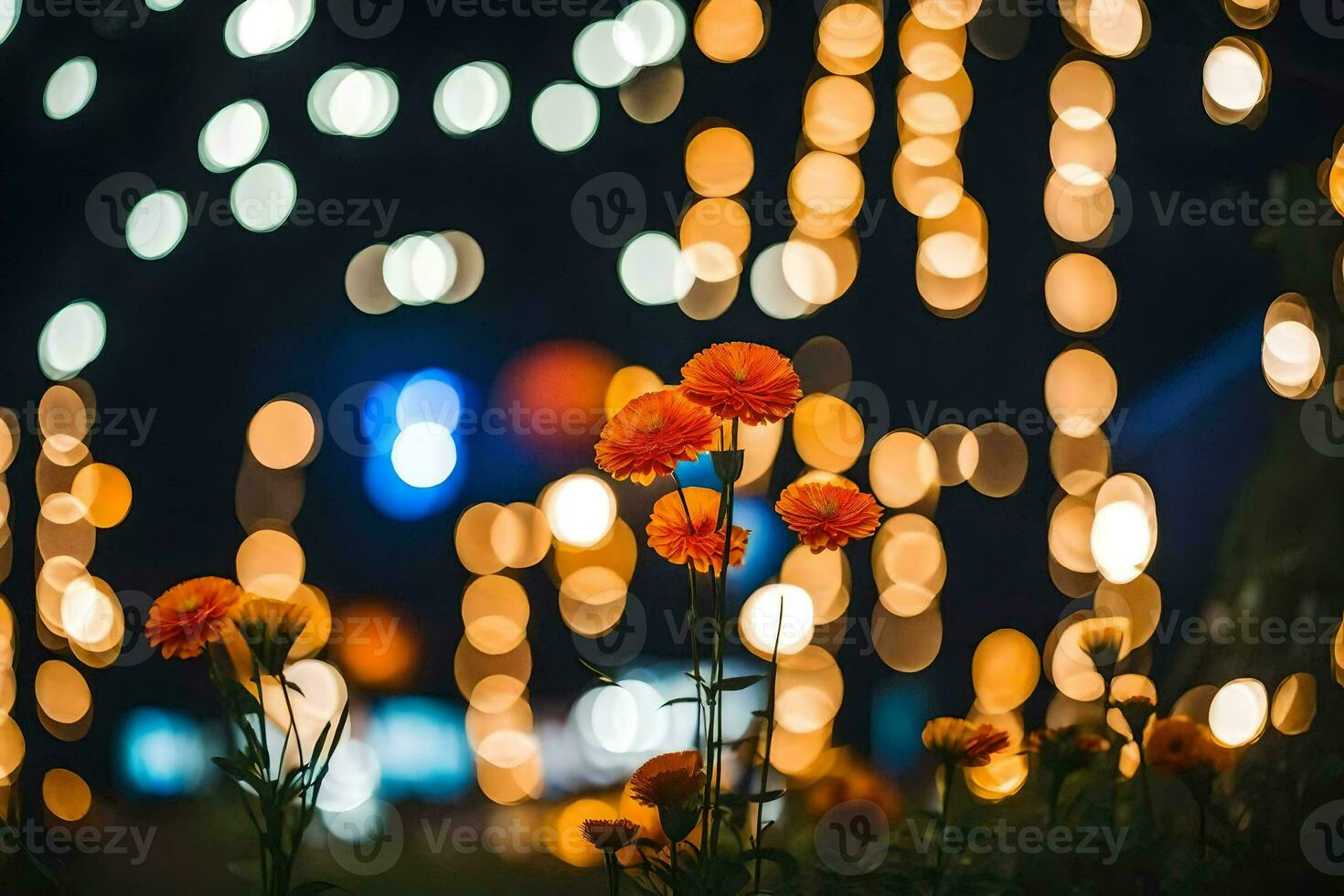 blommor i främre av en suddig bakgrund av lampor. ai-genererad foto