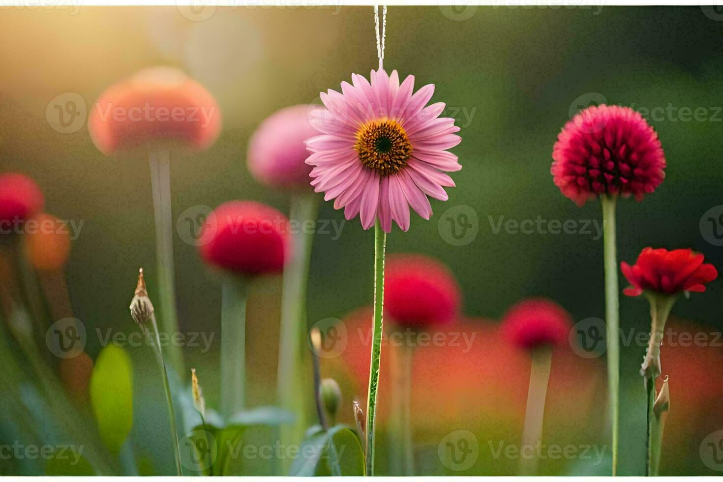 rosa blommor i de Sol med grön gräs. ai-genererad foto