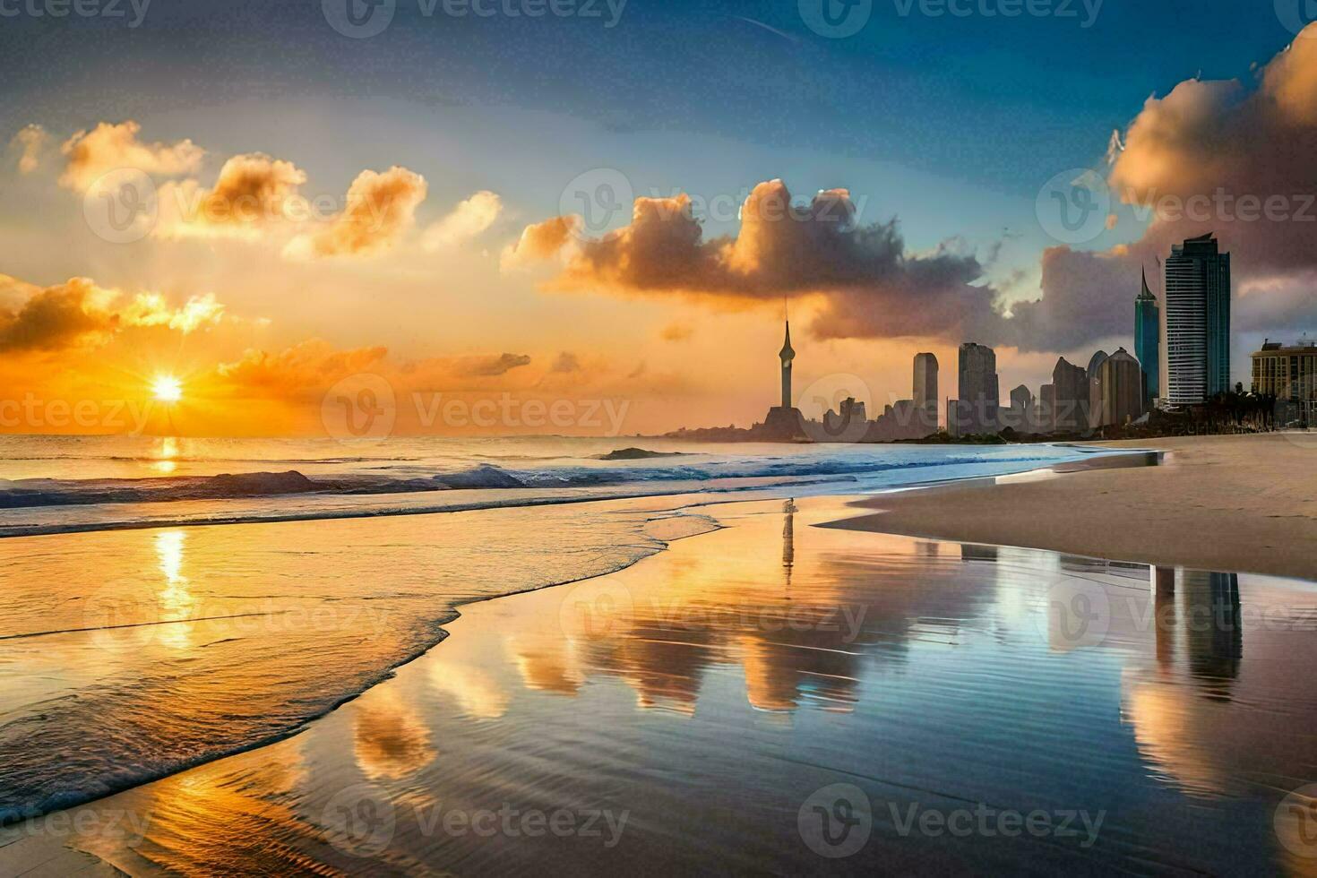 de Sol uppsättningar över de stad horisont på en strand. ai-genererad foto
